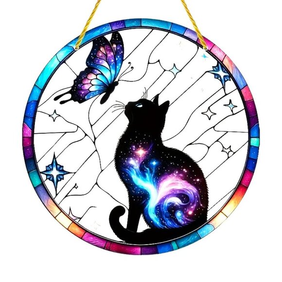 Black Cat Butterfly Suncatcher Cosmic Mystical Stars Hanging Colorful In/Outdoor - Picture 2 of 4